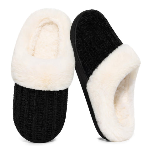 Evshine Women's Chenille Knit Fuzzy Slippers Memory Foam Warm House Shoes | Comfy Fleece Lined, Fluffy Faux Fur, Anti-slip, Machine washable, Indoor & Outdoor, Gifts