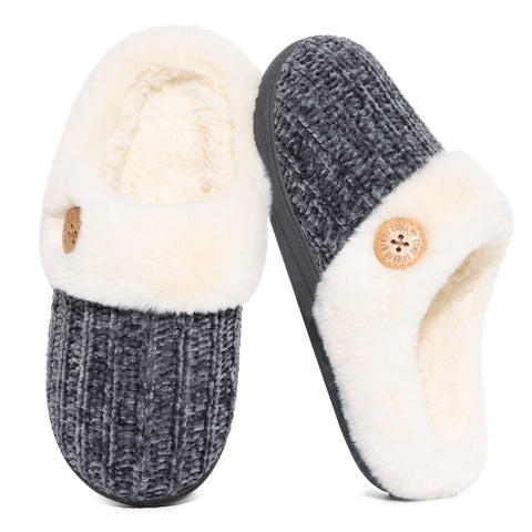 Evshine Women's Chenille Knit Fuzzy Slippers Memory Foam Warm House Shoes | Comfy Fleece Lined, Fluffy Faux Fur, Anti-slip, Machine washable, Indoor & Outdoor, Gifts