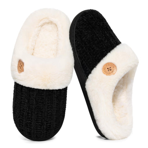 Evshine Women's Chenille Knit Fuzzy Slippers Memory Foam Warm House Shoes | Comfy Fleece Lined, Fluffy Faux Fur, Anti-slip, Machine washable, Indoor & Outdoor, Gifts