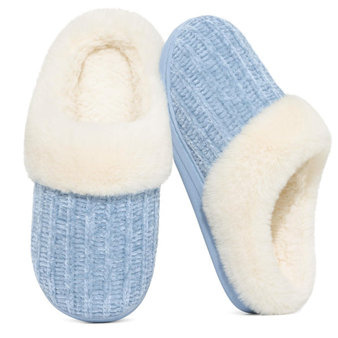 Evshine Women's Chenille Knit Fuzzy Slippers Memory Foam Warm House Shoes | Comfy Fleece Lined, Fluffy Faux Fur, Anti-slip, Machine washable, Indoor & Outdoor, Gifts