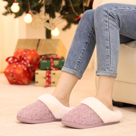 Evshine Women's Chenille Knit Fuzzy Slippers Memory Foam Warm House Shoes | Comfy Fleece Lined, Fluffy Faux Fur, Anti-slip, Machine washable, Indoor & Outdoor, Gifts