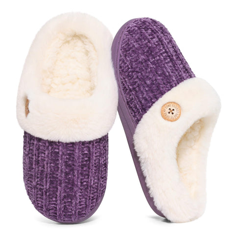 Evshine Women's Chenille Knit Fuzzy Slippers Memory Foam Warm House Shoes | Comfy Fleece Lined, Fluffy Faux Fur, Anti-slip, Machine washable, Indoor & Outdoor, Gifts