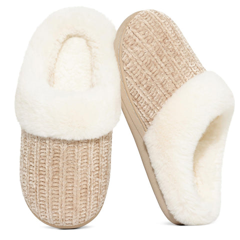 Evshine Women's Chenille Knit Fuzzy Slippers Memory Foam Warm House Shoes | Comfy Fleece Lined, Fluffy Faux Fur, Anti-slip, Machine washable, Indoor & Outdoor, Gifts