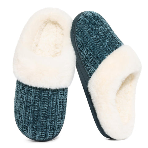 Evshine Women's Chenille Knit Fuzzy Slippers Memory Foam Warm House Shoes | Comfy Fleece Lined, Fluffy Faux Fur, Anti-slip, Machine washable, Indoor & Outdoor, Gifts
