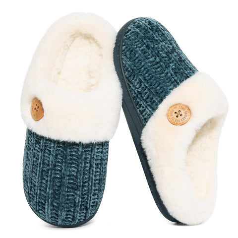 Evshine Women's Chenille Knit Fuzzy Slippers Memory Foam Warm House Shoes | Comfy Fleece Lined, Fluffy Faux Fur, Anti-slip, Machine washable, Indoor & Outdoor, Gifts