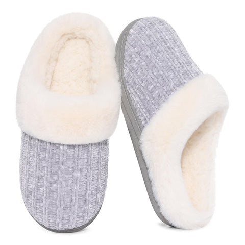 Evshine Women's Chenille Knit Fuzzy Slippers Memory Foam Warm House Shoes | Comfy Fleece Lined, Fluffy Faux Fur, Anti-slip, Machine washable, Indoor & Outdoor, Gifts