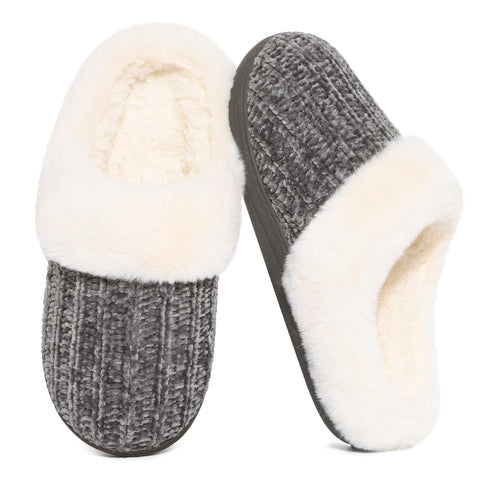 Evshine Women's Chenille Knit Fuzzy Slippers Memory Foam Warm House Shoes | Comfy Fleece Lined, Fluffy Faux Fur, Anti-slip, Machine washable, Indoor & Outdoor, Gifts