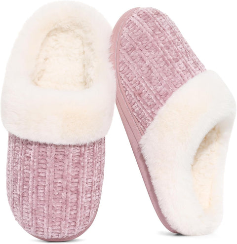 Evshine Women's Chenille Knit Fuzzy Slippers Memory Foam Warm House Shoes | Comfy Fleece Lined, Fluffy Faux Fur, Anti-slip, Machine washable, Indoor & Outdoor, Gifts