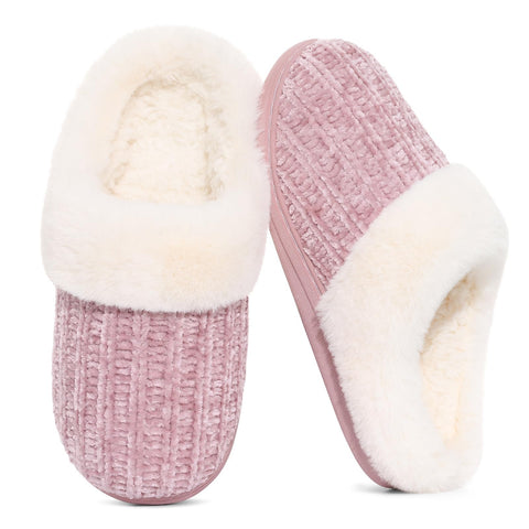 Evshine Women's Chenille Knit Fuzzy Slippers Memory Foam Warm House Shoes | Comfy Fleece Lined, Fluffy Faux Fur, Anti-slip, Machine washable, Indoor & Outdoor, Gifts