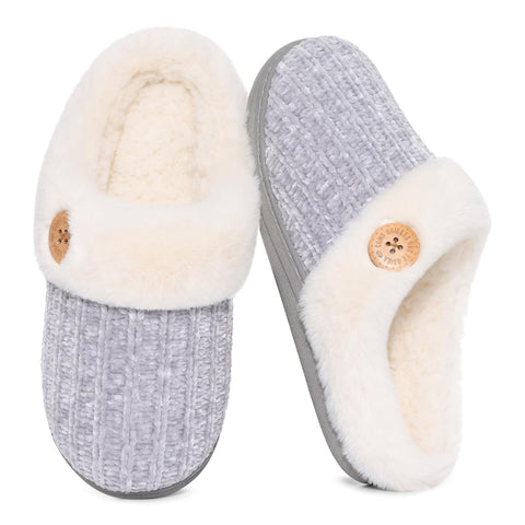 Evshine Women's Chenille Knit Fuzzy Slippers Memory Foam Warm House Shoes | Comfy Fleece Lined, Fluffy Faux Fur, Anti-slip, Machine washable, Indoor & Outdoor, Gifts