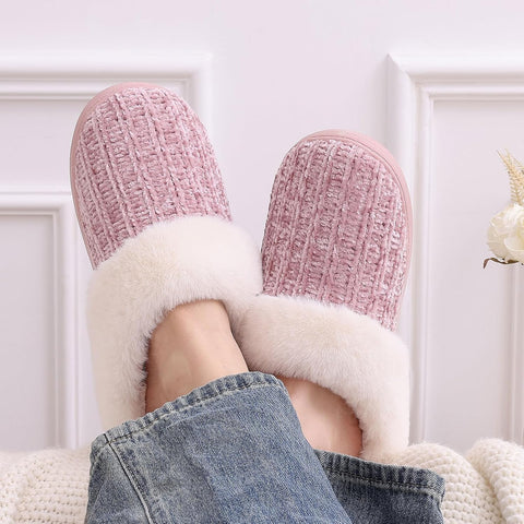 Evshine Women's Chenille Knit Fuzzy Slippers Memory Foam Warm House Shoes | Comfy Fleece Lined, Fluffy Faux Fur, Anti-slip, Machine washable, Indoor & Outdoor, Gifts