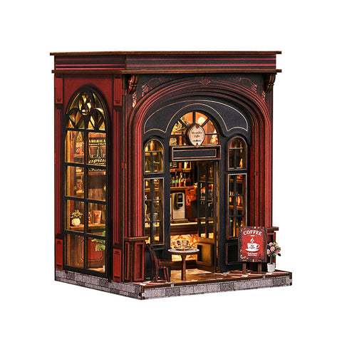 DIY hut warm light coffee house miniature scene assembly model toy 3D three-dimensional puzzle book stand