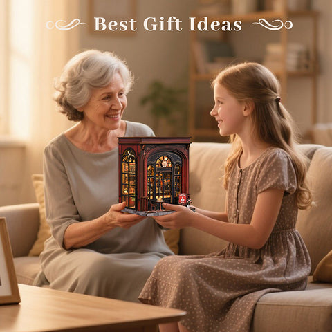 DIY hut warm light coffee house miniature scene assembly model toy 3D three-dimensional puzzle book stand