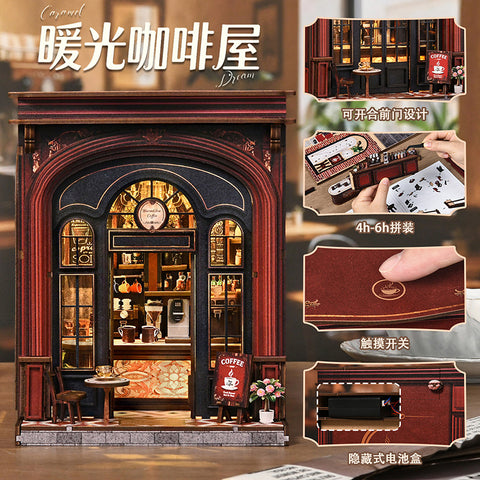 DIY hut warm light coffee house miniature scene assembly model toy 3D three-dimensional puzzle book stand