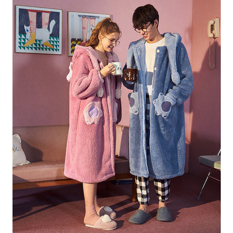 Disney Cute Cartoon Stitch Lovers Flannel Bathrobe Home Clothes Women Men Plush Soft Nightgown Robes Kawaii Y2k Pajama Long Coat