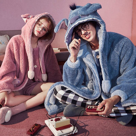 Disney Cute Cartoon Stitch Lovers Flannel Bathrobe Home Clothes Women Men Plush Soft Nightgown Robes Kawaii Y2k Pajama Long Coat