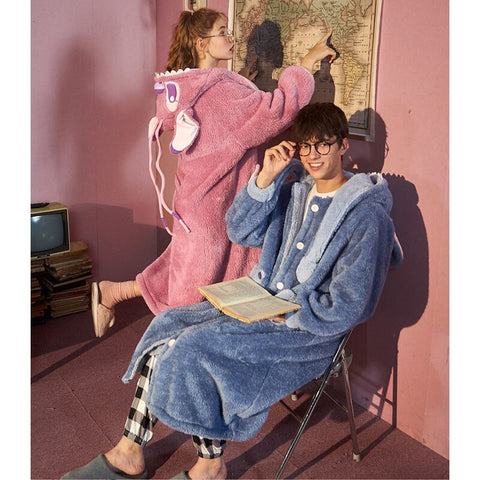 Disney Cute Cartoon Stitch Lovers Flannel Bathrobe Home Clothes Women Men Plush Soft Nightgown Robes Kawaii Y2k Pajama Long Coat