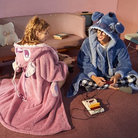 Disney Cute Cartoon Stitch Lovers Flannel Bathrobe Home Clothes Women Men Plush Soft Nightgown Robes Kawaii Y2k Pajama Long Coat